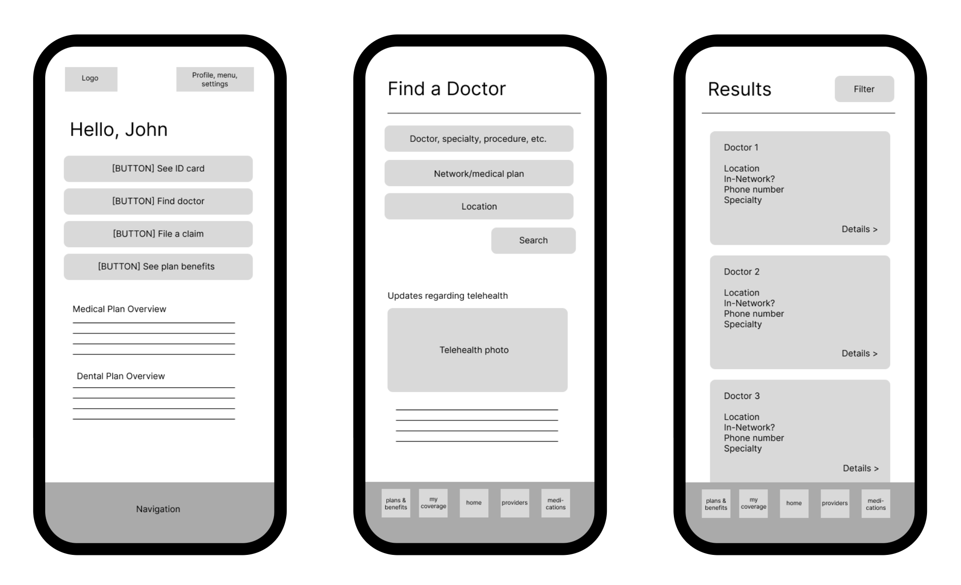 BCBSMA wireframes — home, find a doctor, results