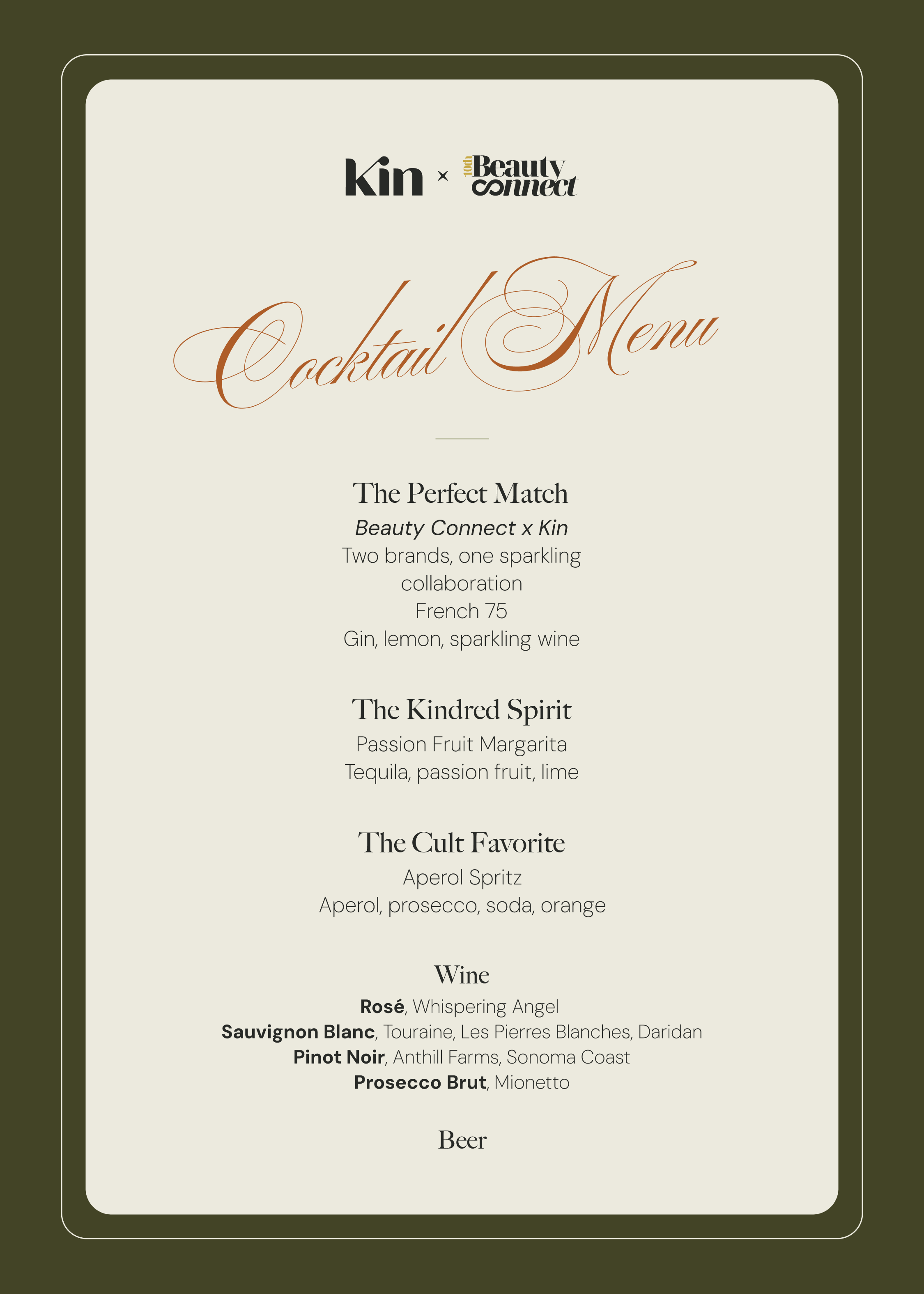 Kin launch party cocktail menu